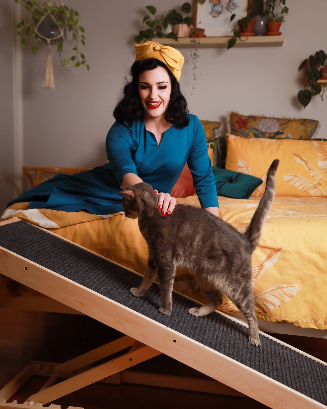 A cat using a Heeve pet ramp at home